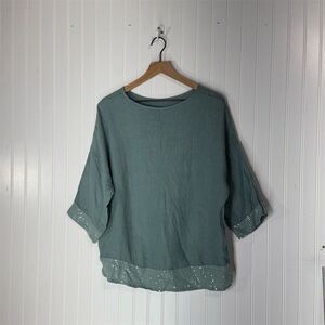 Italian Made 100% Linen Sequin Trim Oversized Top M Green Boxy Fit Boho Chic